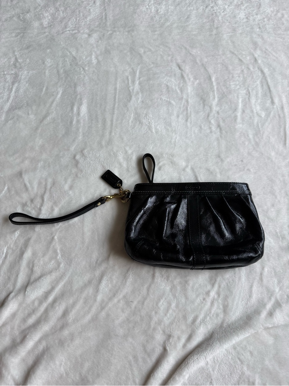Coach Black Leather Wristlet Clutch with Pleated Front
